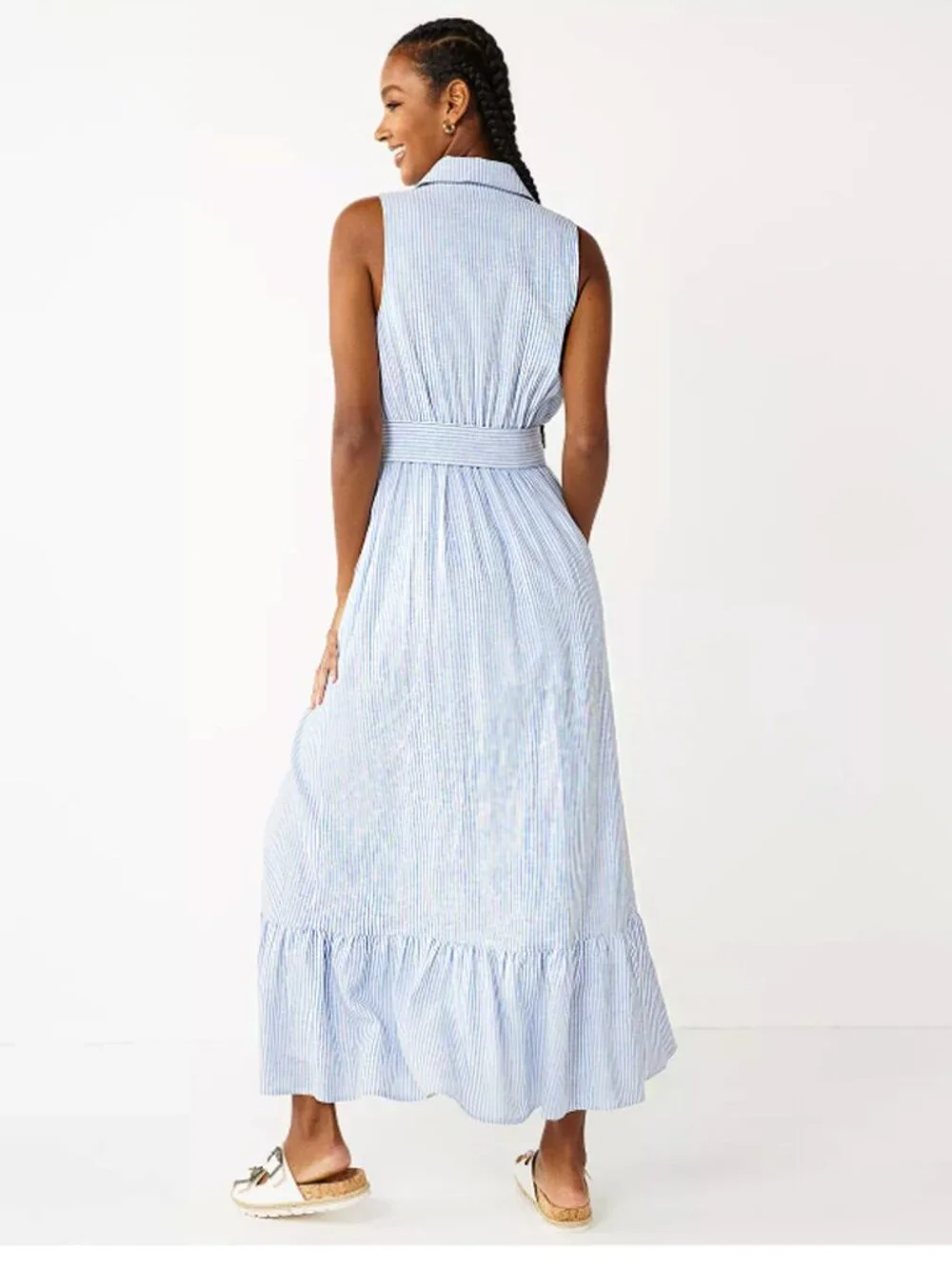 DRAPER JAMES RSVP Button Front Maxi Dress in Sky Blue & White Stripe M - Picture 2 of 15